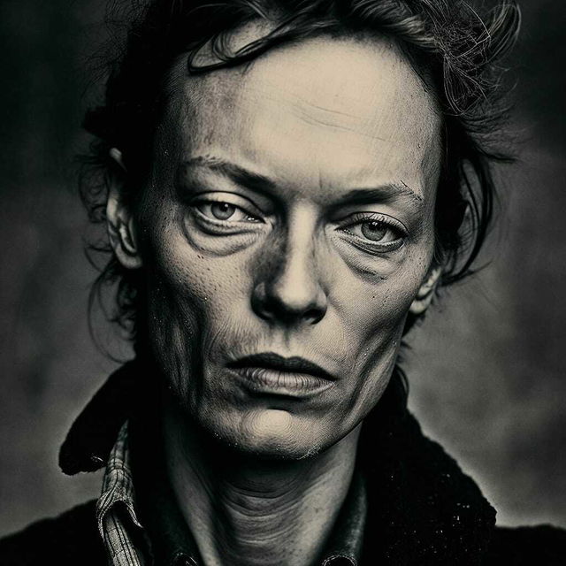 Midjourney prompt for detailed portrait generation, showcasing techniques in prompt engineering and artistic styles by Anton Corbijn.