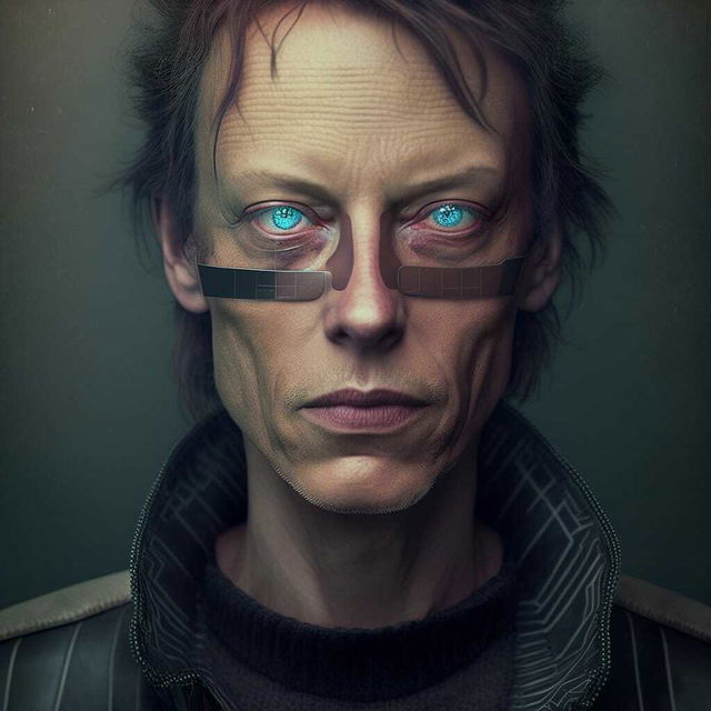 Cyberpunk mugshot generated using Midjourney prompt techniques, showcasing AI image generation and detail attention.