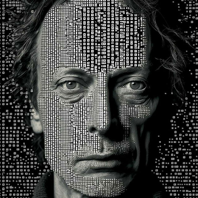 ASCII art representation of human face with digital patterns, showcasing Midjourney prompt engineering techniques.