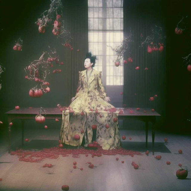Midjourney prompt showcasing surreal composition with floating tomatoes, intricate dress, and ethereal lighting, emphasizing prompt engineering techniques.