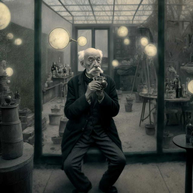 Midjourney prompt featuring Georges Méliès style, image generation, prompt engineering, blending techniques, photographic previsualization, detail attention, composition.