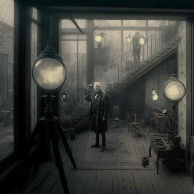 Midjourney prompt showcasing interior scene with vintage lamps, staircase, and figure, emphasizing prompt engineering and artistic styles.