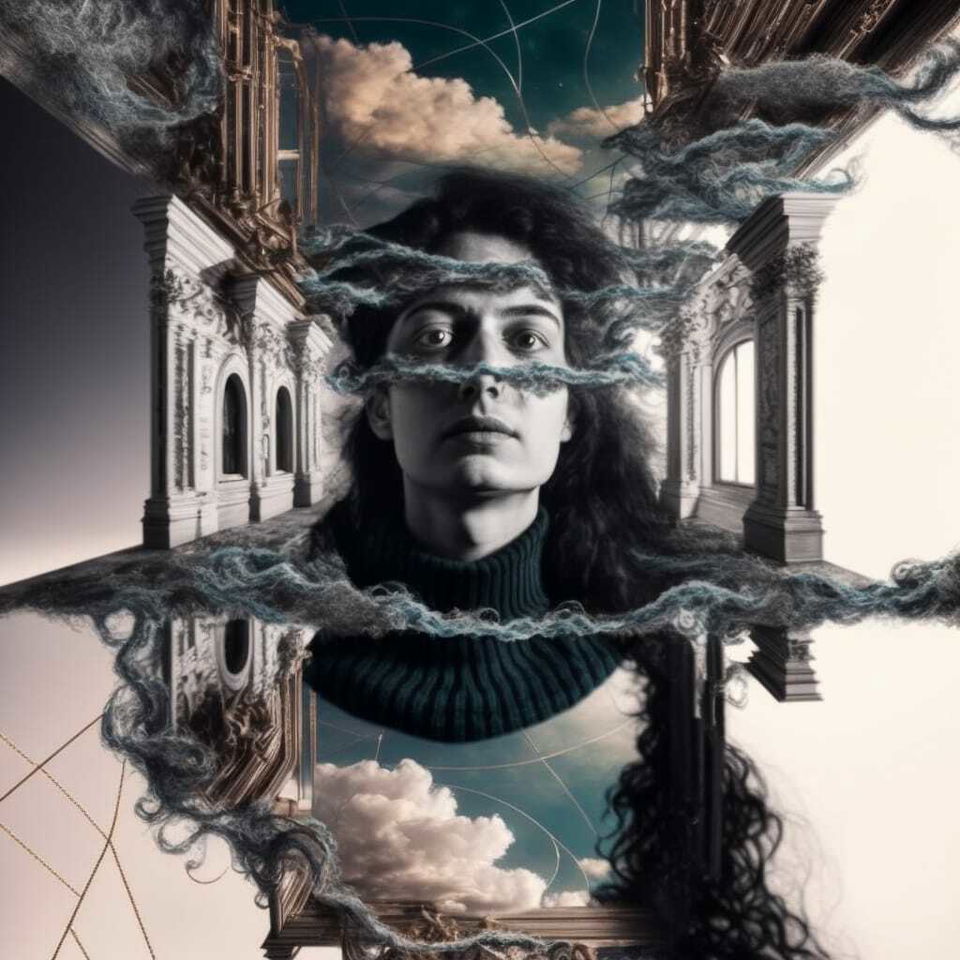 Midjourney prompt for surreal image generation, featuring layered reflections, clouds, and architectural elements in mirror dimension --v 4.
