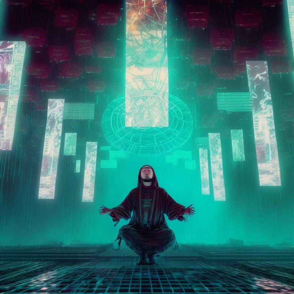 Mediating cybermonk in glitching virtual temple, Ghost In The Shell style, Midjourney prompt engineering, V4 features.