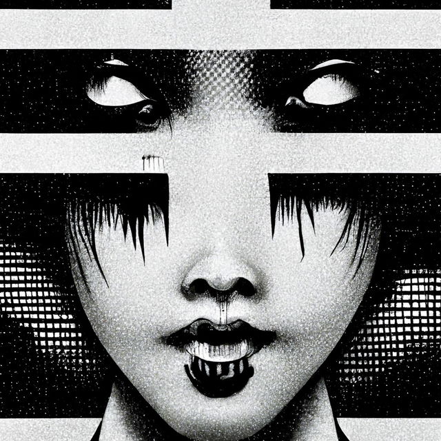 Cyberpunk Japanese graphical black and white poster, Midjourney prompt engineering, image generation techniques, blending styles, detail attention, composition --v 3.