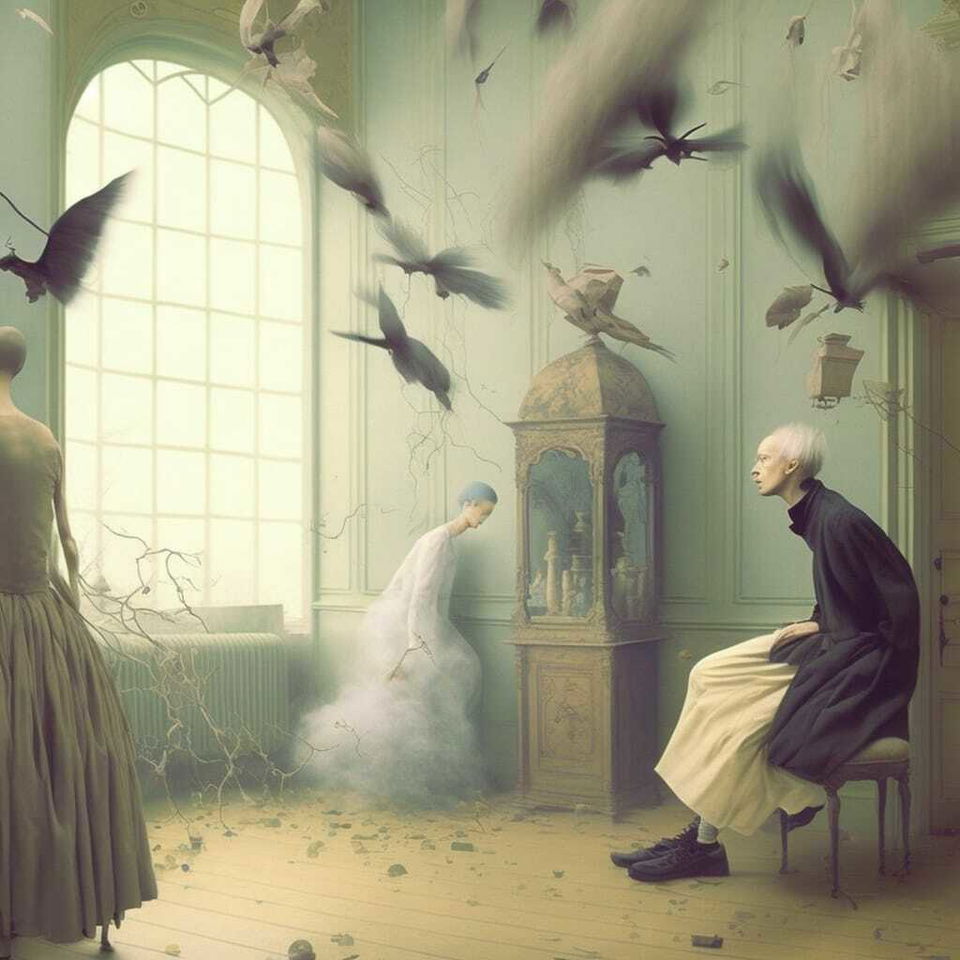 Midjourney prompt showcasing surreal scene with figures, birds, and ethereal elements, emphasizing artistic styles and prompt engineering techniques.