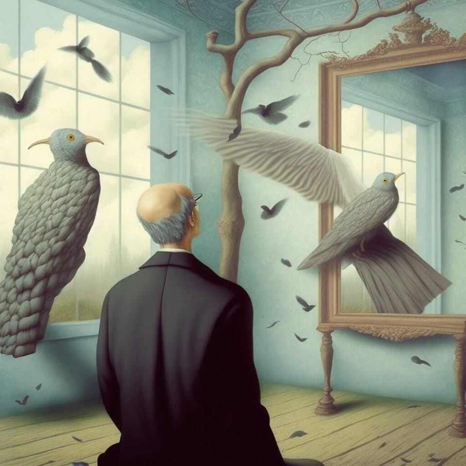 Midjourney prompt featuring surreal scene with birds, reflection, and artistic elements by René Magritte --v 4.