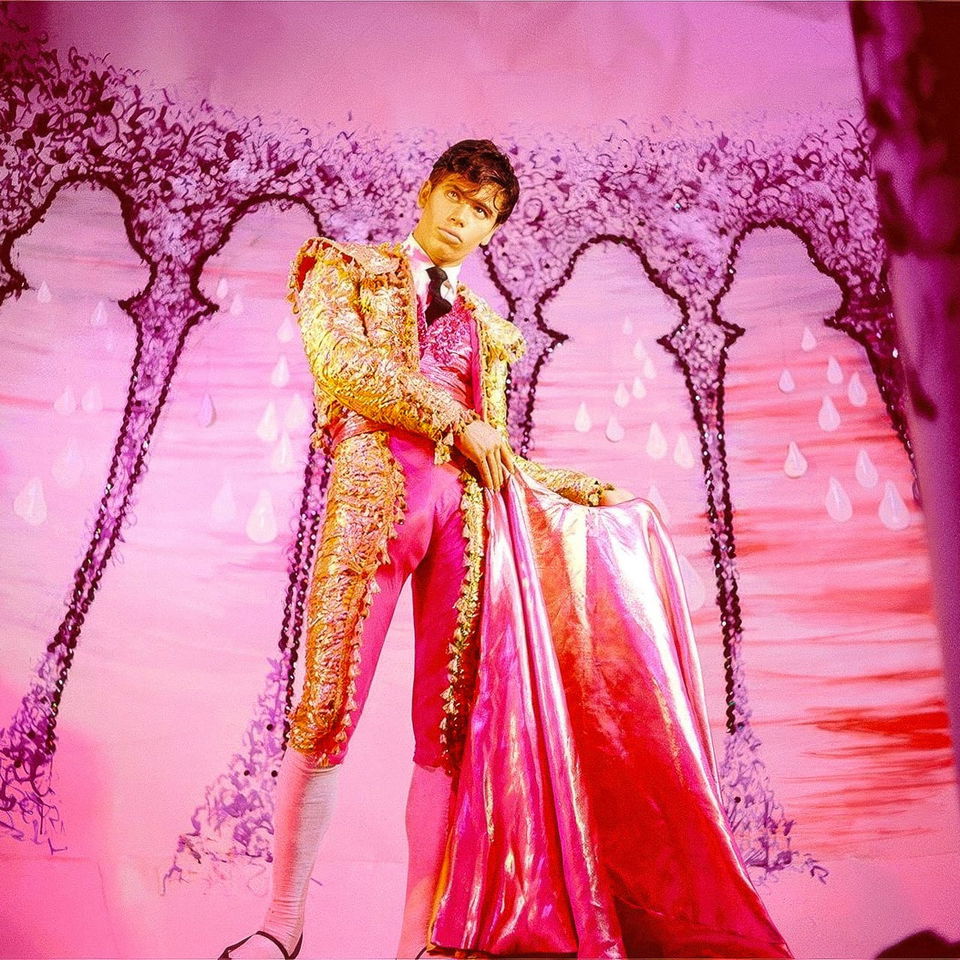 Midjourney prompt showcasing James Bidgood's Taunting Bull, vibrant colors, floral themes, surreal aesthetics, theatricality, queer aesthetics.