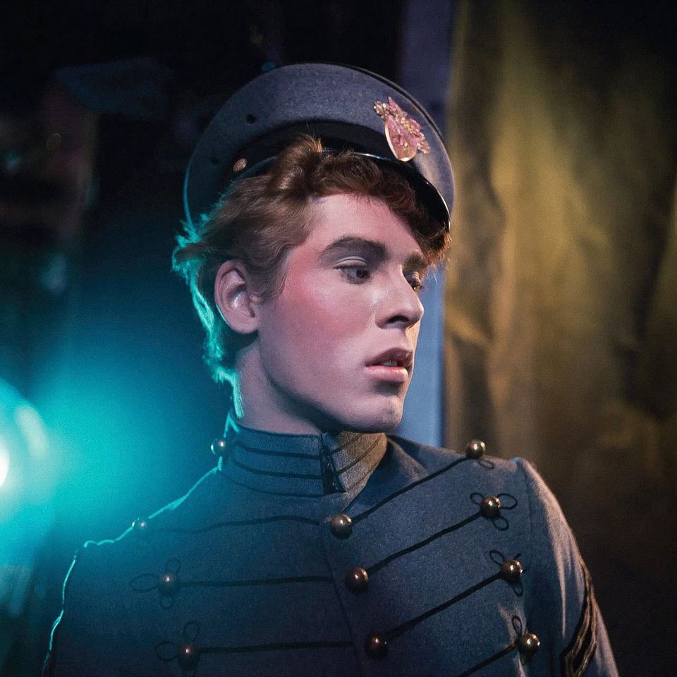 Midjourney prompt showcasing James Bidgood's aesthetic: vibrant colors, floral themes, surrealism, theatricality, late 1960s cadet imagery.