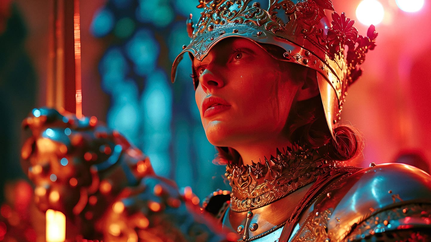 Joan of Arc in ornate armor and crown, in the style of James Bidgood, with vivid red and teal light, Midjourney V6