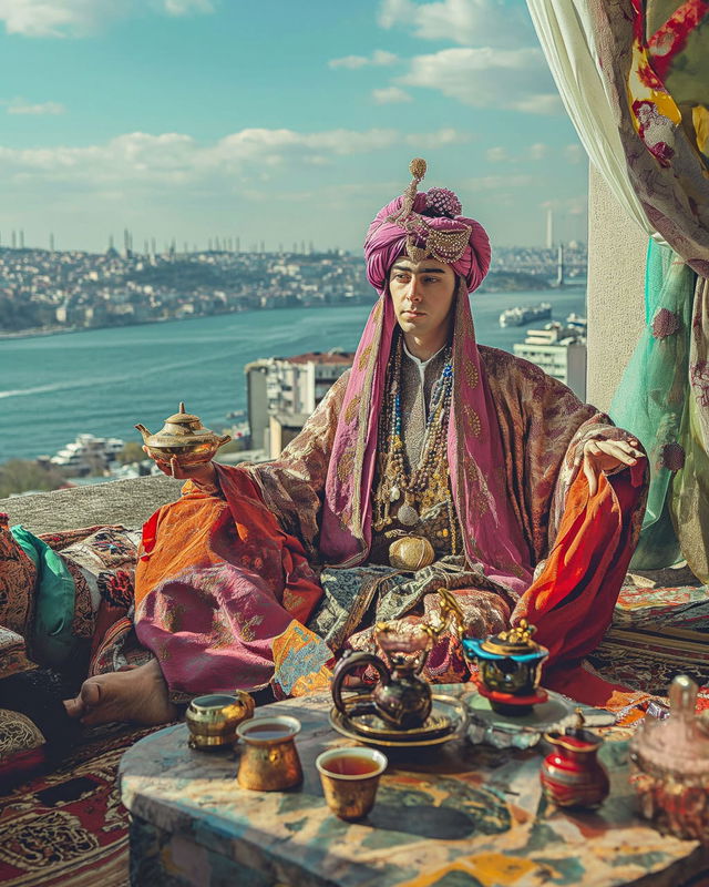 Midjourney prompt showcasing James Bidgood's vibrant colors, floral themes, surreal aesthetics, Turkish tea scene on Istanbul rooftop.