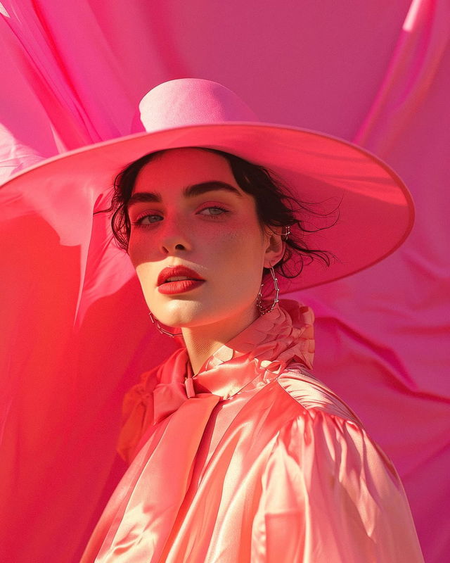 Midjourney prompt showcasing vibrant pink aesthetics, fashion photography, artistic expression, surrealism, influenced by floral themes and theatricality.