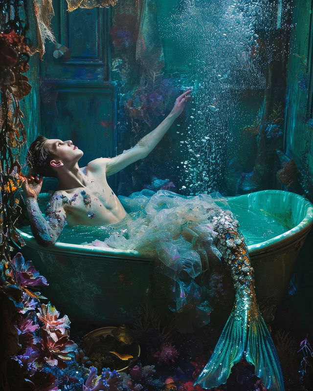 Merman in bathtub, surreal imagery, vibrant colors, floral themes, Midjourney prompt engineering, James Bidgood aesthetic, underwater scene, artistic versatility, V6.