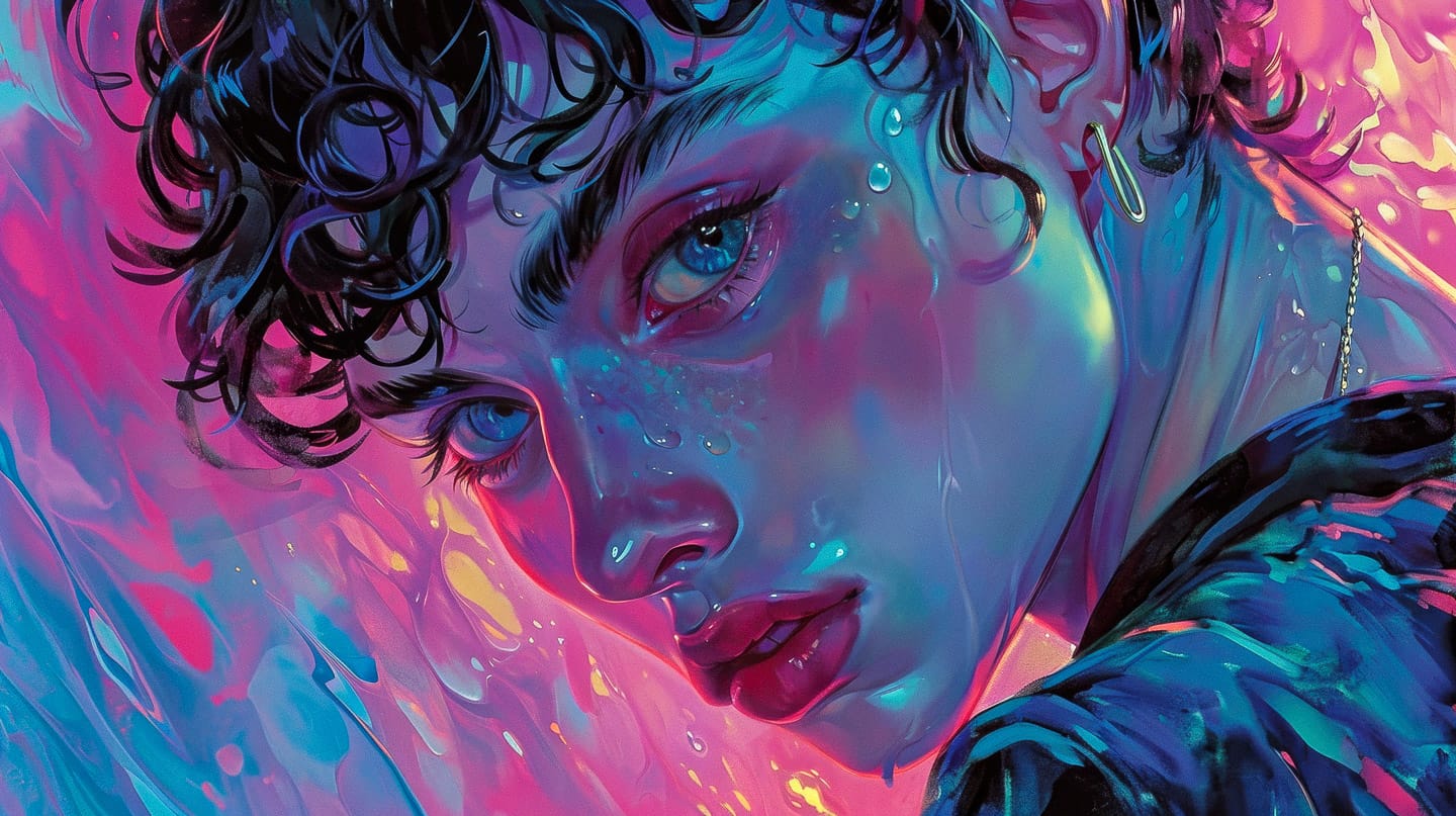 Manga drawn by James Bidgood showcasing vibrant colors, surreal aesthetics, Midjourney prompt techniques, and queer artistic themes.