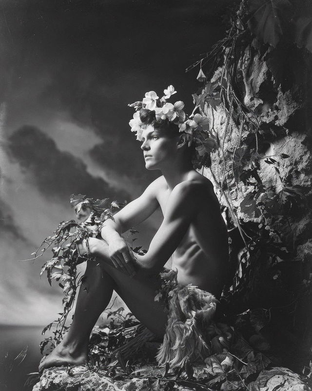 Black-and-white photography by James Bidgood showcasing floral themes, queer aesthetics, and prompt engineering in Midjourney.