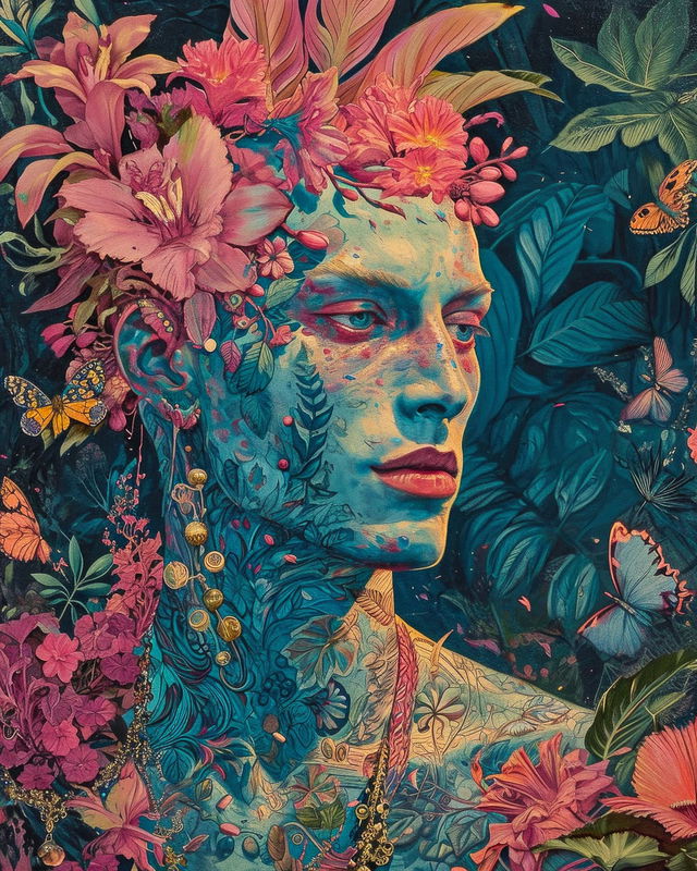 Floral, butterfly-adorned portrait in the style of James Bidgood, Midjourney V6