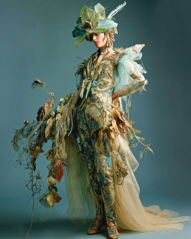 Feathered Met Gala costume in the style of James Bidgood, ornate teal and gold studio portrait, Midjourney V6