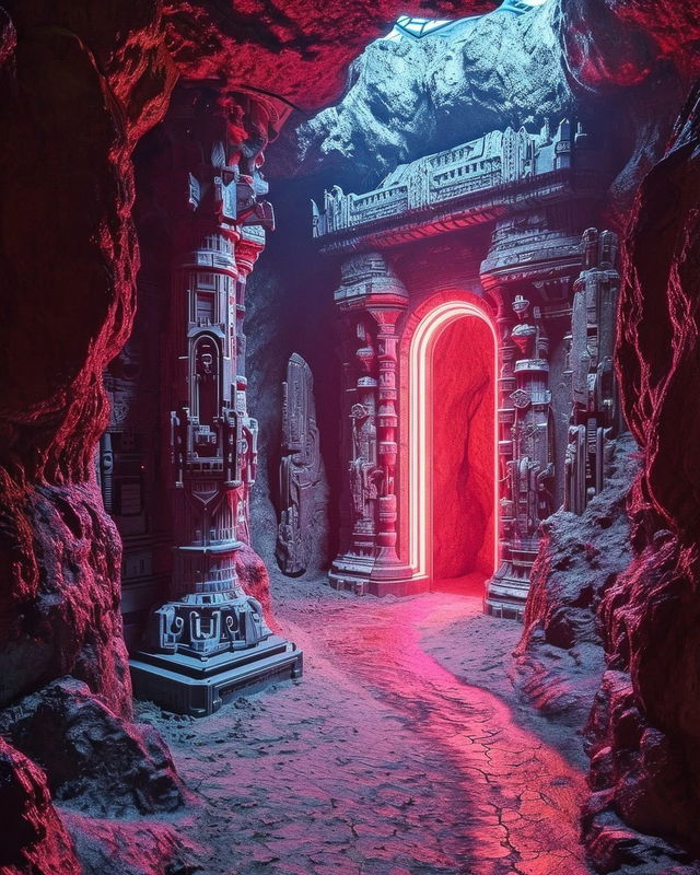 Doom game level recreated in Midjourney V6, featuring neon-lit archway, surreal cave environment, prompt engineering techniques.