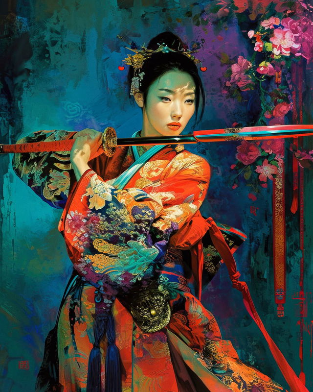 Mulan holding a sword, in the style of James Bidgood, with vivid colors and floral details, Midjourney V5.2