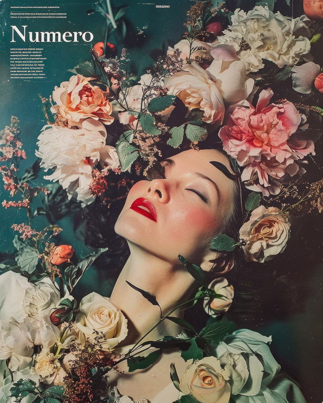 Ophelia's floral portrait in the style of James Bidgood, with collage-like photography, Midjourney V6