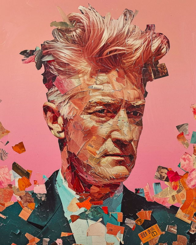 Portrait of David Lynch in the style of James Bidgood, a colorful magazine cutout collage, Midjourney V6