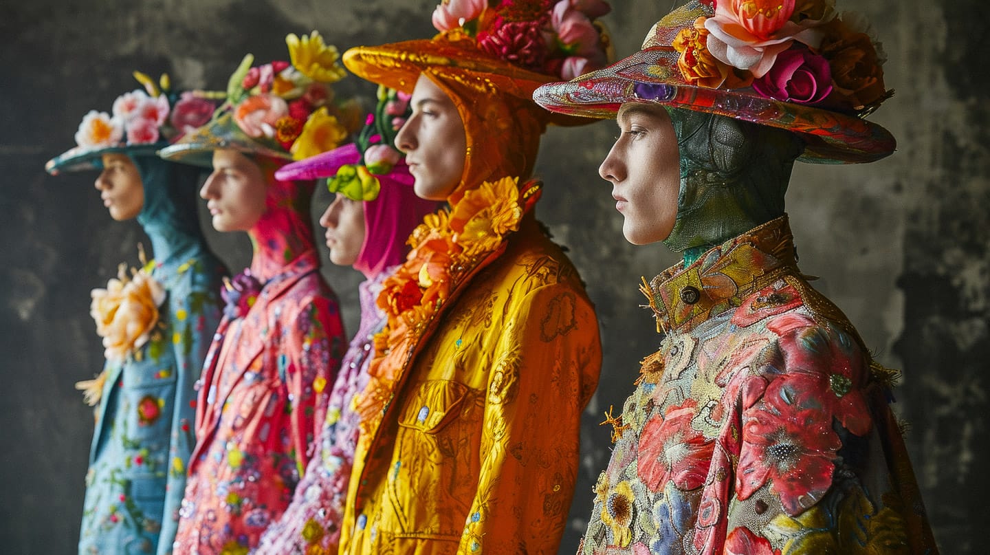 Models in vivid floral fashions, soft dramatic light, Midjourney V6