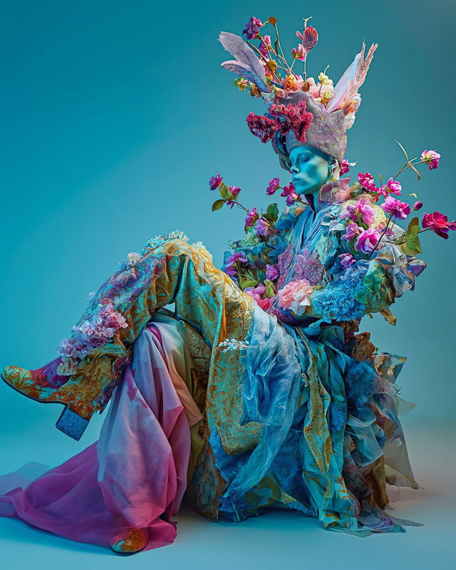 Seated model in floral costume, high-fashion photography with vivid turquoise and magenta light, Midjourney V6