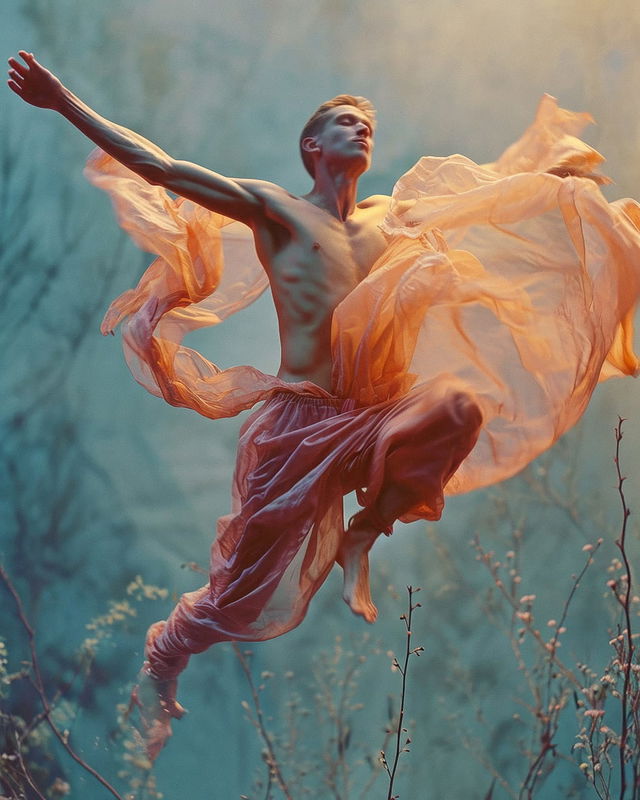 Midjourney prompt showcasing vibrant colors, floral themes, surreal aesthetics inspired by James Bidgood's work with jumping man outdoors.