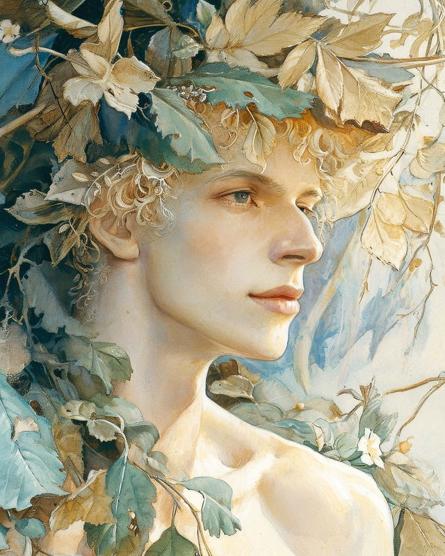 Profile of a leafy-crowned woman in a delicate watercolor palette, softly lit, Midjourney V6