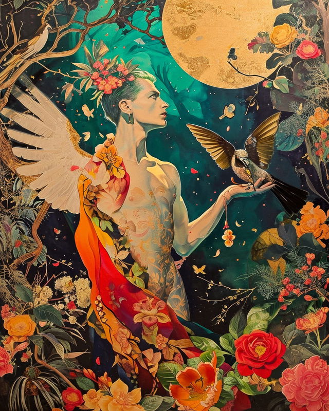 James Bidgood-inspired artwork in Midjourney V6, featuring vibrant colors, floral themes, surreal aesthetics, prompt engineering techniques.