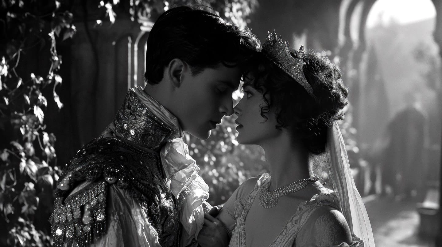 Romeo and Juliette embracing in a black-and-white cinematic still with dramatic light, Midjourney V6