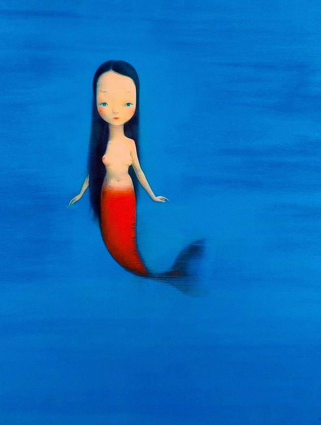 Midjourney prompt showcasing Liu Ye's art style, blending Eastern and Western influences, featuring mermaid character in blue background.