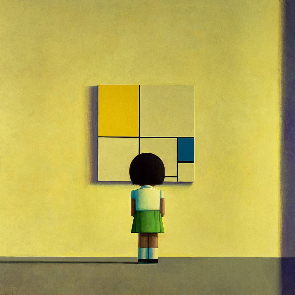 Child observing Mondrian-inspired artwork, showcasing Midjourney prompt engineering for Liu Ye's artistic style.