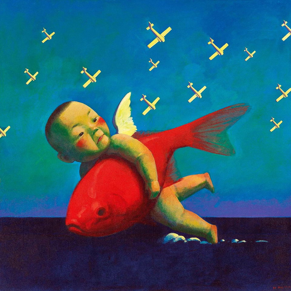 Boy with Fish No. 2 by Liu Ye, showcasing symbolism and minimalism, Midjourney prompt for text-to-image generation, niji 6 techniques.