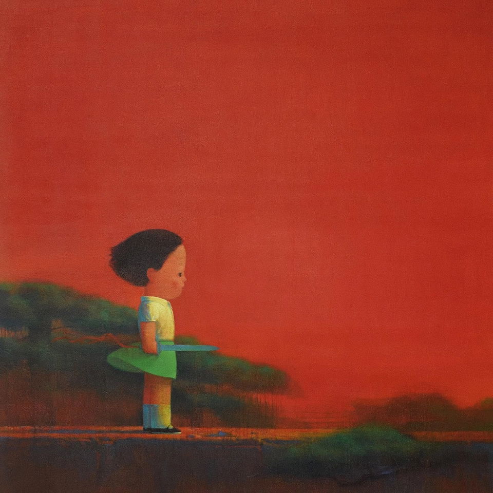 Liu Ye's Red No. 3 (2004-2005), Midjourney prompt for text-to-image generation, exploring symbolism and minimalism.