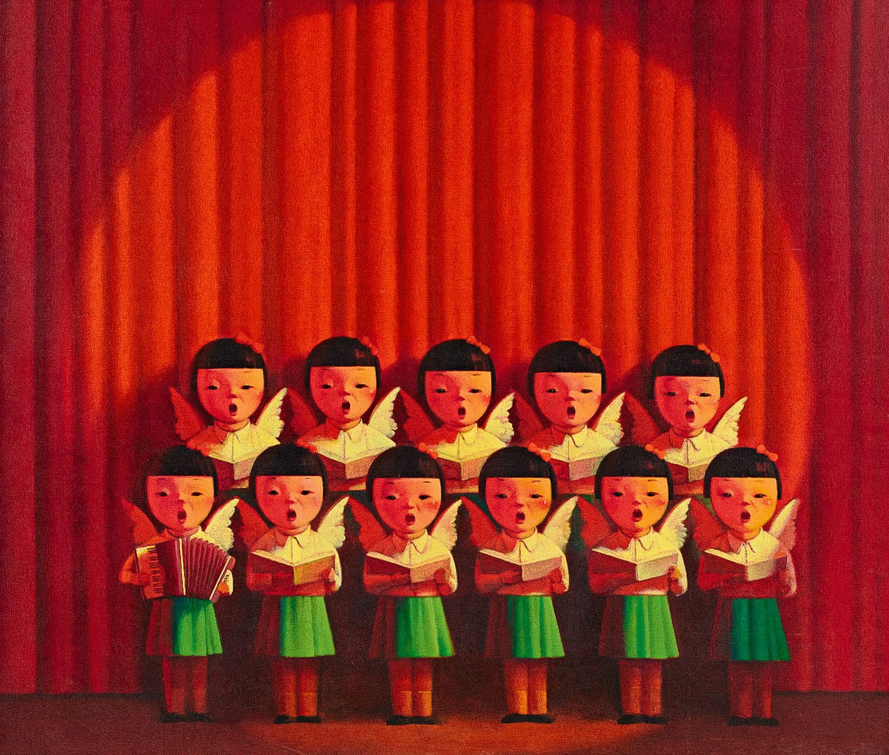 Choir of Angels (Red) by Liu Ye, showcasing prompt engineering in Midjourney for text-to-image generation, niji 6 techniques, cultural themes.