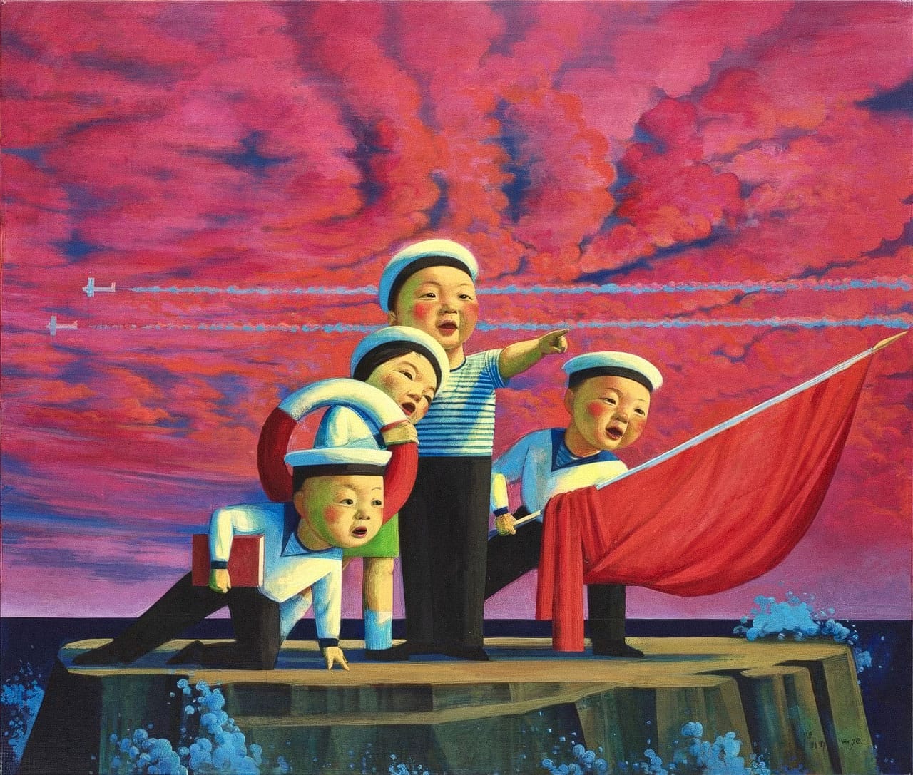 Midjourney prompt engineering for Liu Ye's 'The Sailors With The Red Flag' exploring symbolism, minimalism, and cultural themes.
