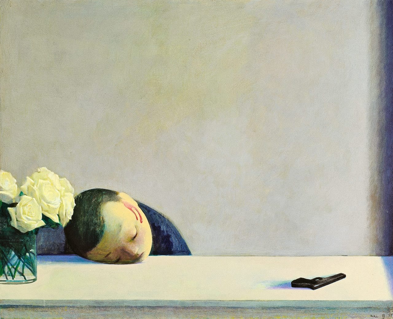 Liu Ye's 'Romeo' (2002) artwork, Midjourney prompt capturing symbolism, minimalism, Eastern and Western art influences, niji 6 techniques.