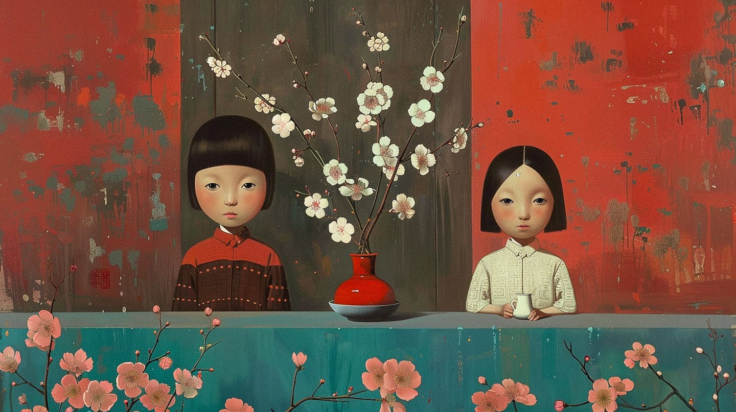 Liu Ye artwork featuring two children, floral arrangement, Midjourney prompt for niji 6, exploring symbolism and minimalism.