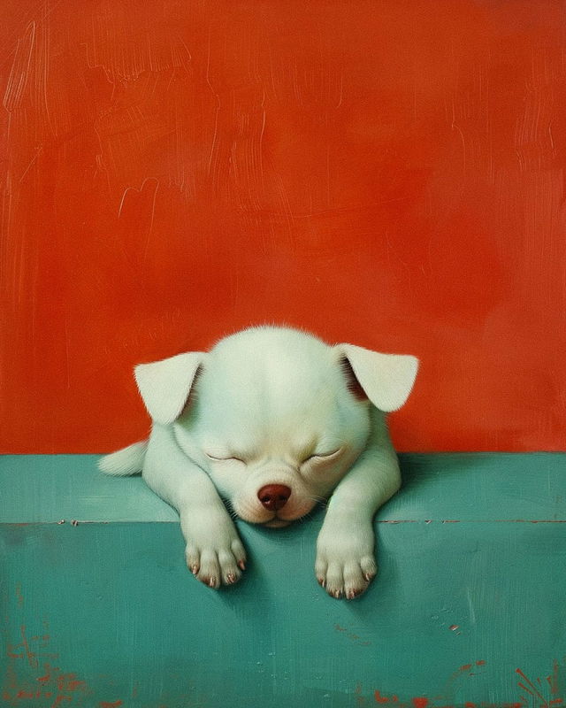 Sleeping puppy artwork by Liu Ye, showcasing Midjourney prompt engineering, niji 6, and Eastern-Western art influences.