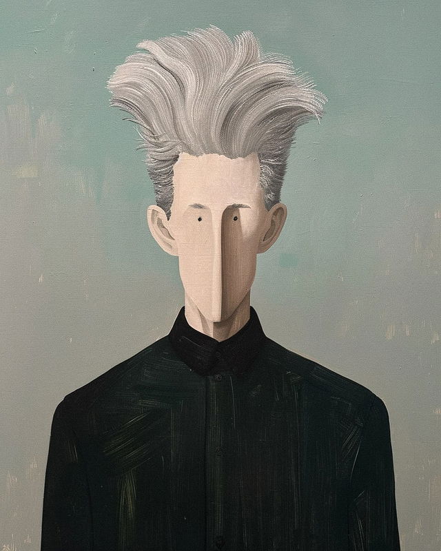 David Lynch portrait in the style of Liu Ye, minimalist oil painting in muted teal and black, Midjourney V6