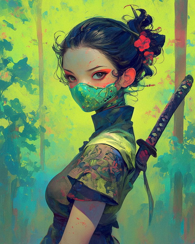 Midjourney prompt engineering for Liu Ye-inspired art, featuring masked figure with sword, niji 6 style, vibrant colors, cultural themes.