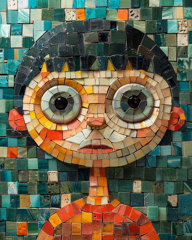Mosaic character art by Liu Ye showcasing prompt techniques in Midjourney --stylize 300 --v 6.