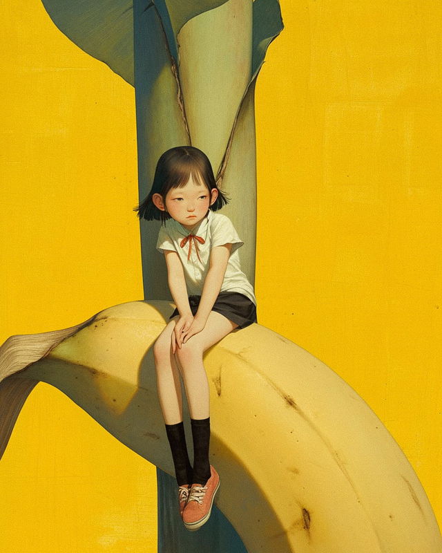 Girl sitting on a banana in the style of Liu Ye, painterly with a warm yellow palette and soft light, Midjourney Niji 6