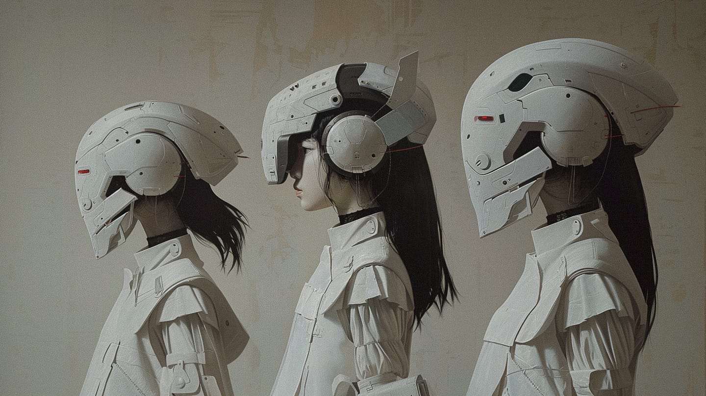Cyber tech robot girls by Liu Ye and Agostino Arrivabene, Midjourney prompt engineering, niji 6, blending Eastern and Western art styles.