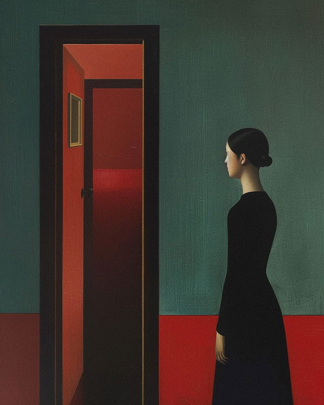 Midjourney prompt engineering for Liu Ye's art style, exploring symbolism and minimalism in collaborative painting with Rene Magritte, niji 6.