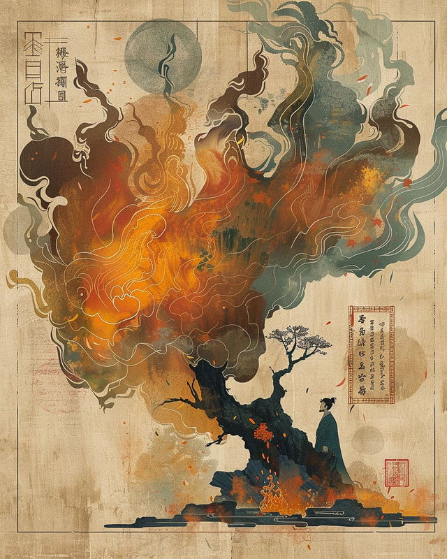 Infographic diagram of Fire Elemental by Liu Ye, showcasing Midjourney prompt techniques and niji 6 applications.