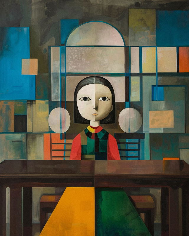 Liu Ye's painting of school teacher by Fernand Leger, Midjourney prompt engineering, niji 6, symbolism, minimalism, Eastern and Western art.