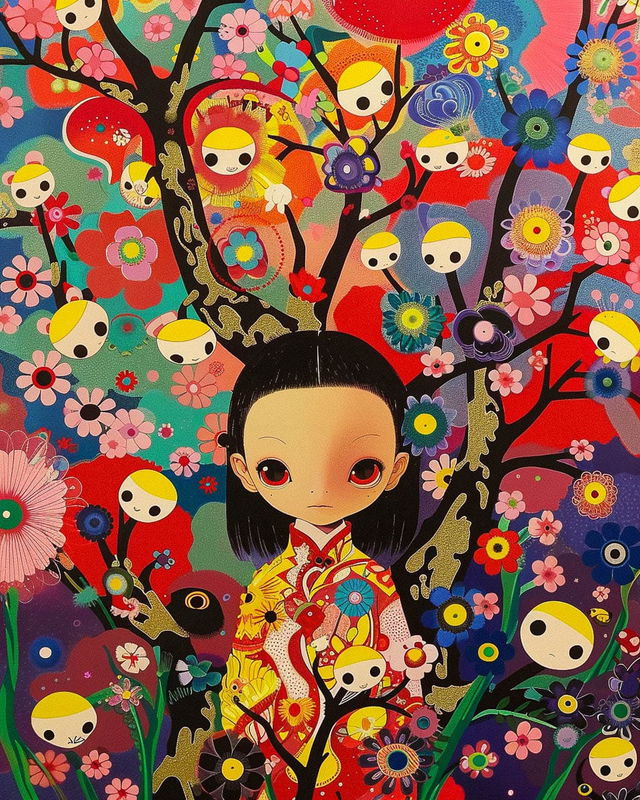 Girl in a floral forest with whimsical figures, vivid pop-art colors and crisp flat detail, Midjourney V6
