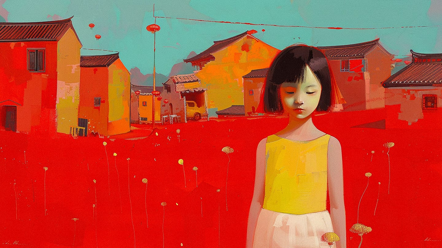 Young girl in a red village, in the style of Liu Ye, with vivid colors and soft light, Midjourney V6